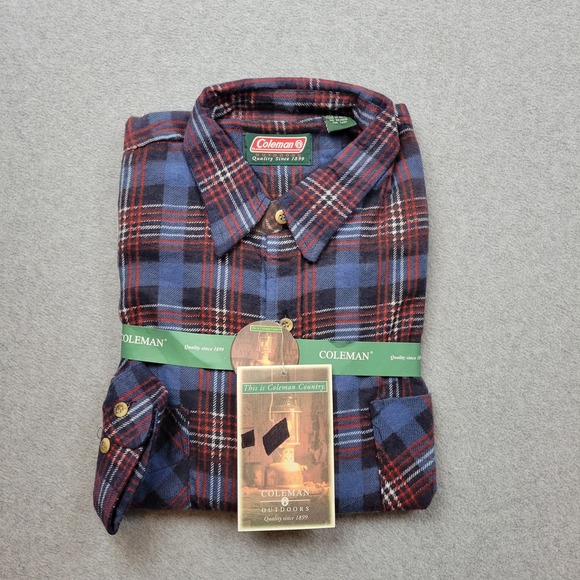 Coleman Outdoors Flannel Shirt Mens Large Blue Plaid Button Down Long Sleeve - Picture 1 of 10